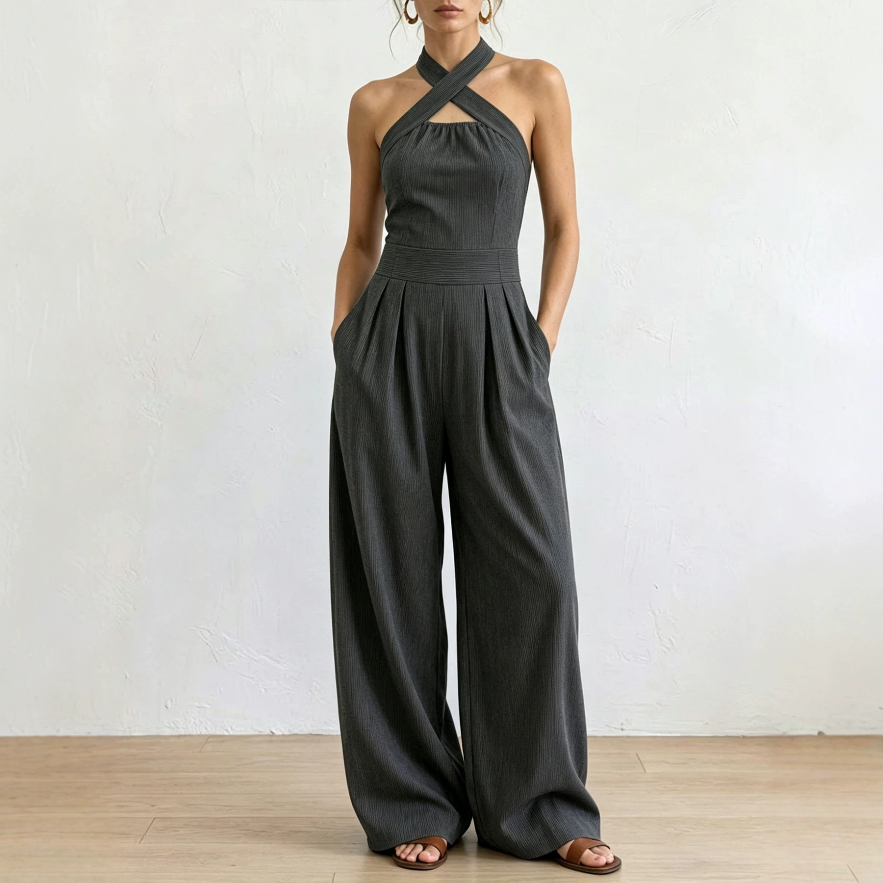 European and American Cross-Border Summer Elegant Off-Shoulder Sleeveless Cross Halter Jumpsuit with Waist-Cinching Wide-Leg Pants in Solid Color Woven Stripes