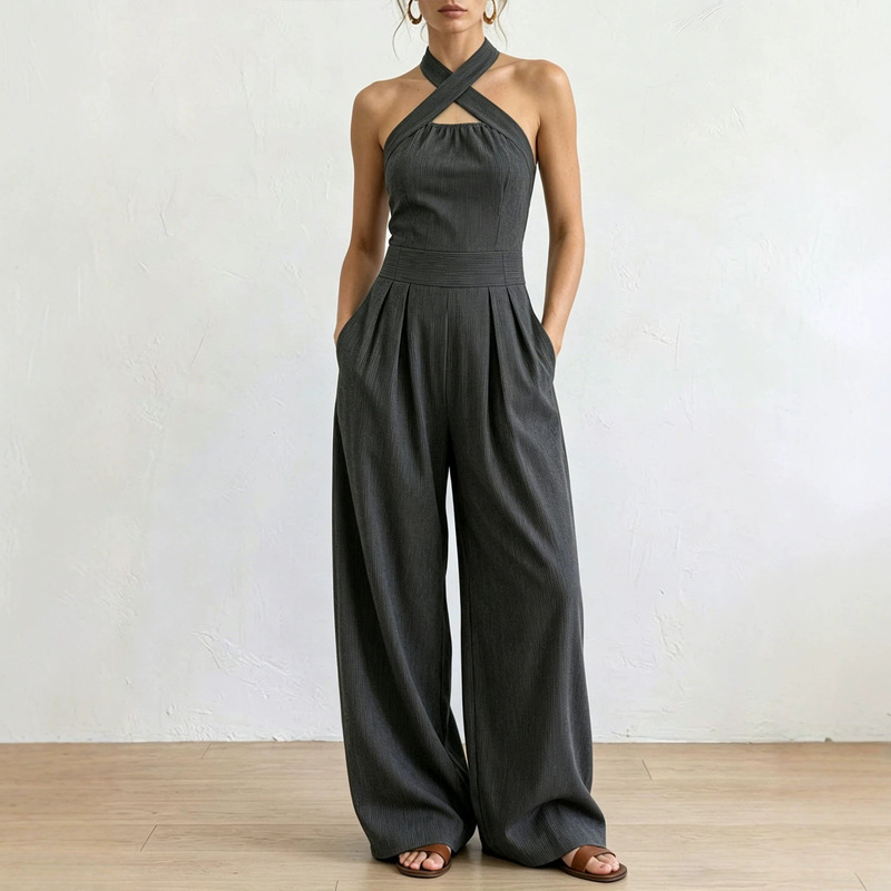 European and American Cross-Border Summer Elegant Off-Shoulder Sleeveless Cross Halter Jumpsuit with Waist-Cinching Wide-Leg Pants in Solid Color Woven Stripes