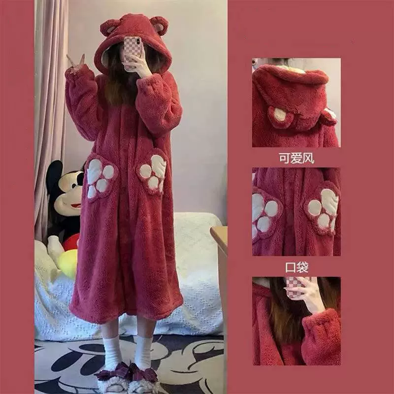 秋冬新款睡衣暖暖珊瑚绒睡袍女可爱玉桂狗草莓熊大码睡袍家居服女
