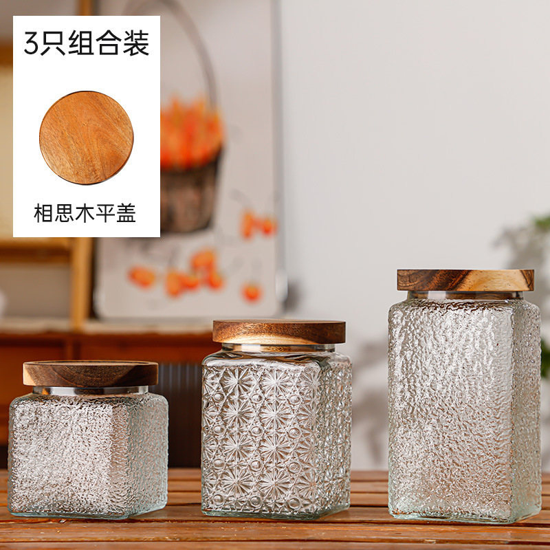 Hogar vintage Begonia flor realzada snack caramelo almacenamiento tarro bambú cubierta americana cocina transparente vidrio sellado frasco