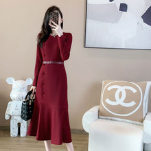 高端精致秋冬連衣裙2022新款女裝洋氣質修身加厚紅色魚尾禮服長裙