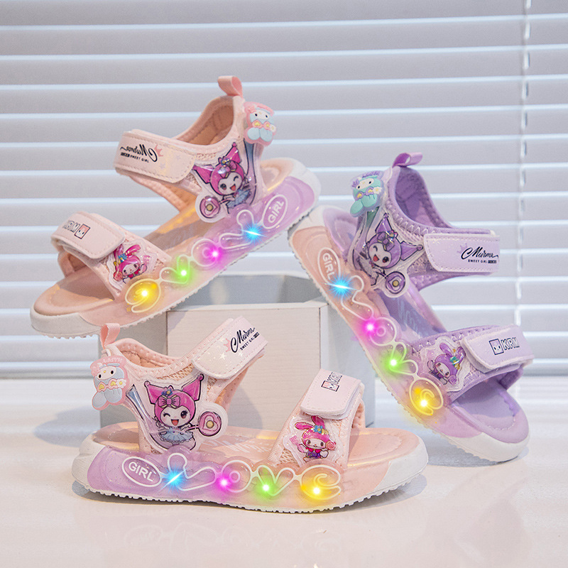 Girls Kuromi Luminous Sandals 2025 Summer New Velcro Princess Shoes Children's Open-Toe Outdoor Beach Shoes