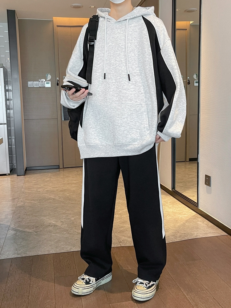 Suede suelta, juego de deportes casuales para hombres, primavera y otoño, nuevo estilo de moda con capuzas, pantalones rectos de moda juvenil, dos piezas