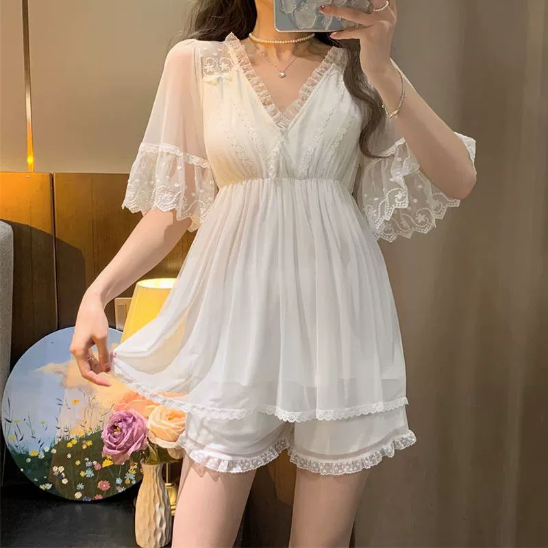 Top with cups, summer pijama, lace cute skirt, with short sleeve, internet celebrity