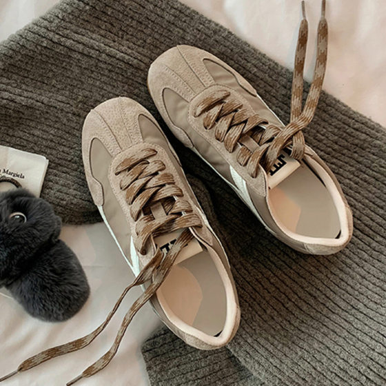 Square Head Lace-up Angora Red Sneakers Color-contrast Casual Square Head German Training Shoes Women's Autumn and Winter New Color-matching Forrest Gump Shoes