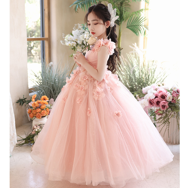 Vestido de princesa para niñas, modelo nuevo de alta gama, rosa floral, para damitas de honor, presentaciones de piano, fabricante.