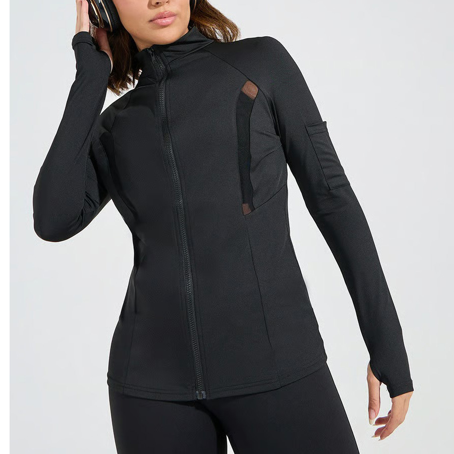 Long-Sleeved Tight-Fitting Clothing with Customizable Logo, Super Elastic, Women's Mesh Details, Cuffs, Pockets, Zipper Jacket, Yoga