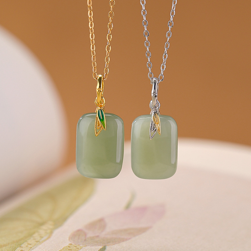 Mặt dây chuyền bạc S925 mạ vàng ngọc bích Hetian tự nhiên hình lá tre phong cách Trung Hoa — Mặt dây chuyền đơn mô hình vàng (không bao gồm dây chuyền)