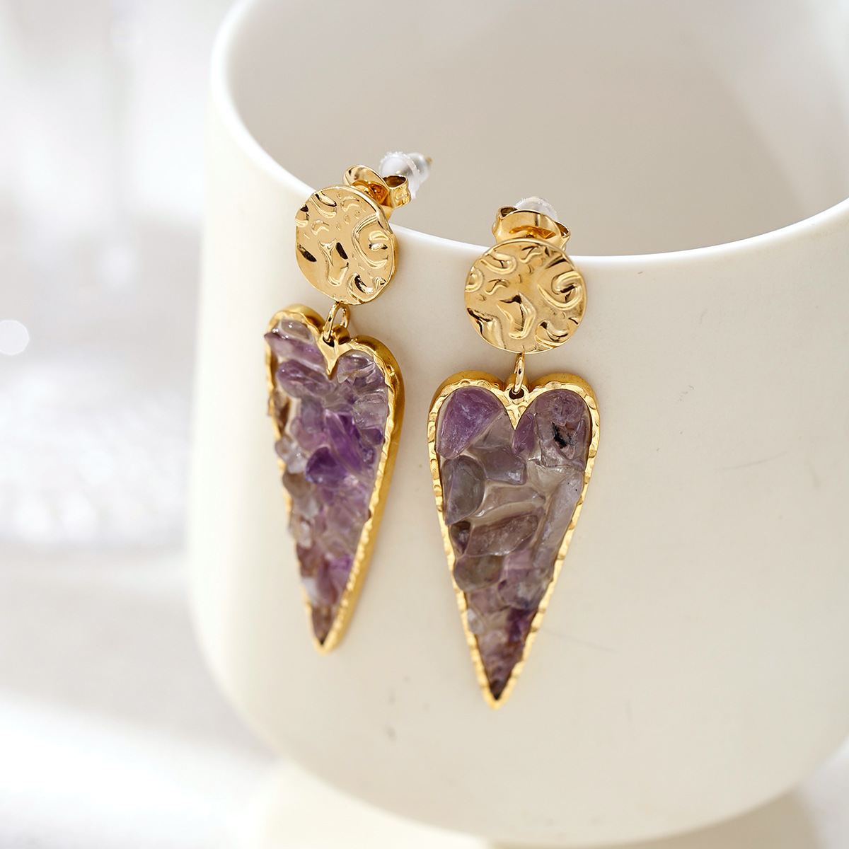 Tina europa y americana transfronterizos pernos de acero inoxidable nicho diseño universal sensación de piedra natural amatista amor pendientes para mujeres