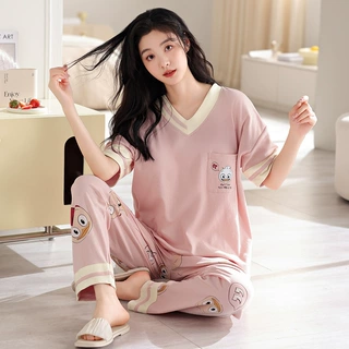 100%纯棉短袖长裤睡衣女士夏季两件套2025新款夏天薄款大码家居服