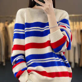 秋冬100%羊绒衫女圆领条纹套头毛衣女宽松针织羊毛打底衫细羊毛
