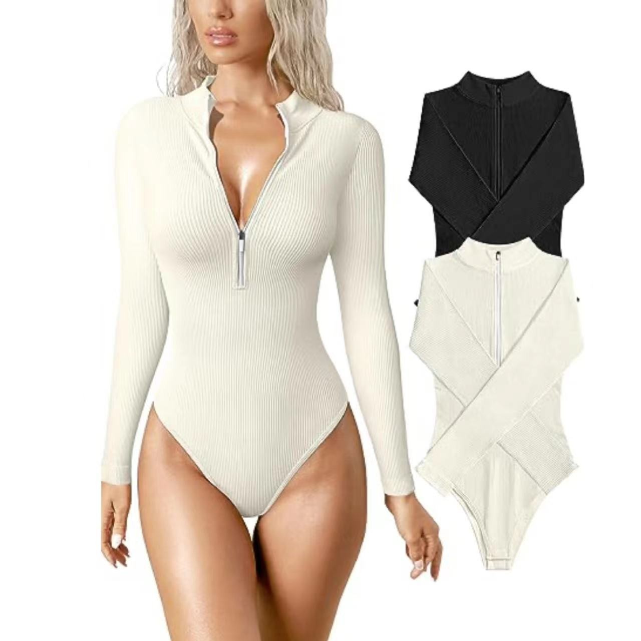 Amazon transfronterizo * AliExpress mono de mujer sexy alto hilo elástico de una sola pieza de manga larga media cremallera cuello camiseta