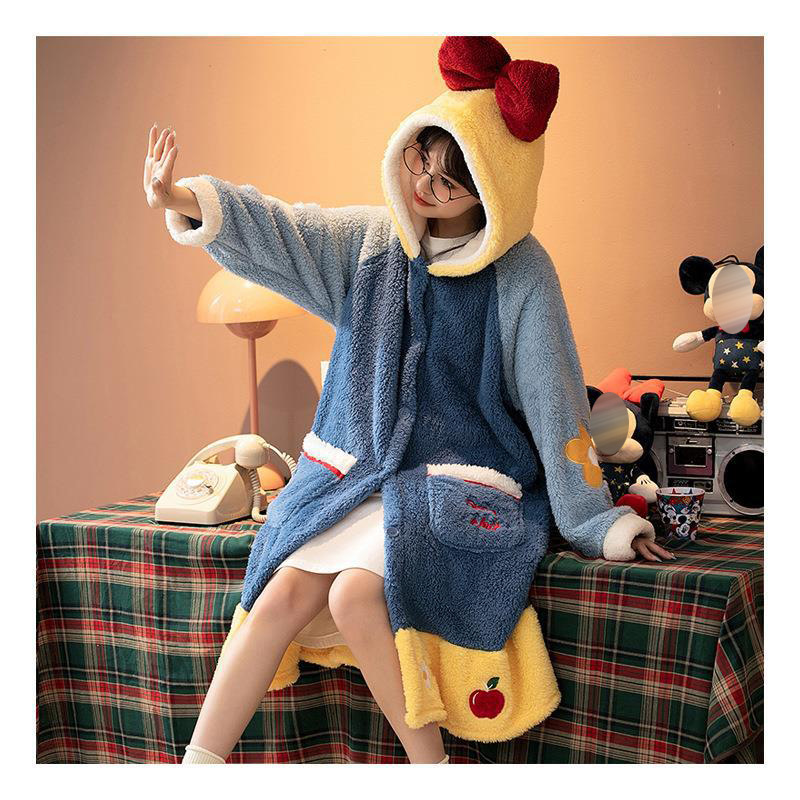 Otoño e Invierno de coral de lana de dibujos animados camisón para las mujeres forrado de lana engrosada homewear camisón franela nieve blanca pijamas traje