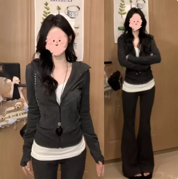 早秋独特超好看灰色条纹套装女巨好看的两件套卫衣外套裤子套装