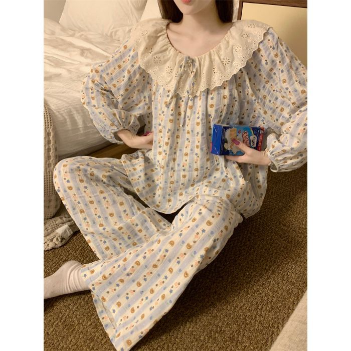春秋天新款睡衣女长袖宽松慵懒云朵棉家居服花边学生甜美套装跨境|undefined