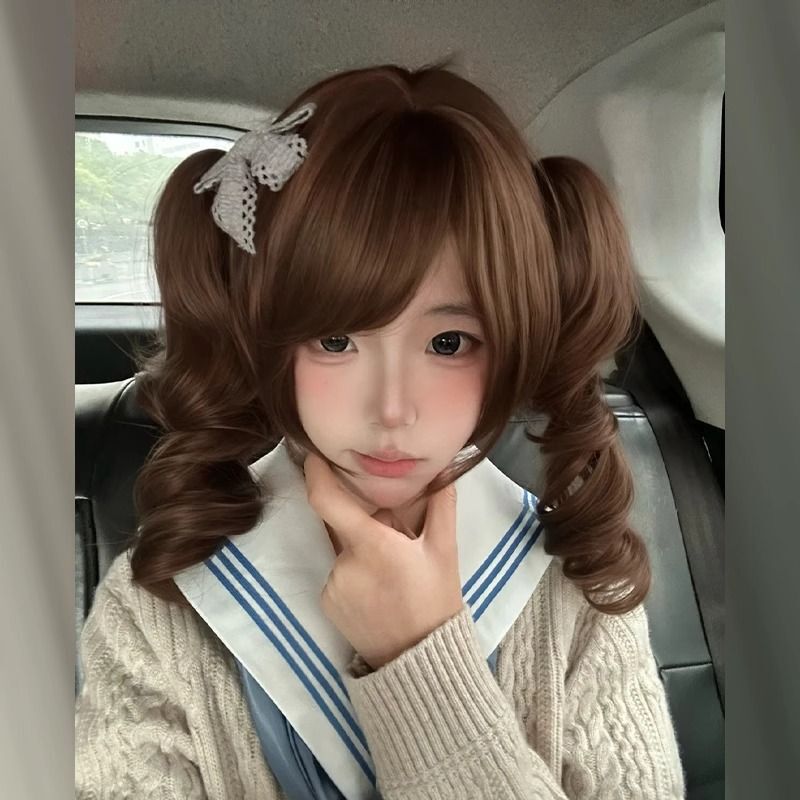 Wig Female Internet Celebrity Shao Luo Daily Double Ponytail Natural Bangs New Lolita Roman Curly Long Curly Hair Full Headgear