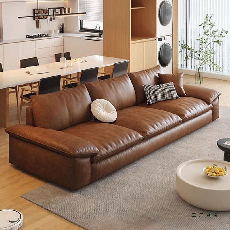 Genuine Leather Sofa Italian Minimalist Retro Style Living Room Modern Minimalist Office Sailboat Straight Leather Art Cloud Sofa