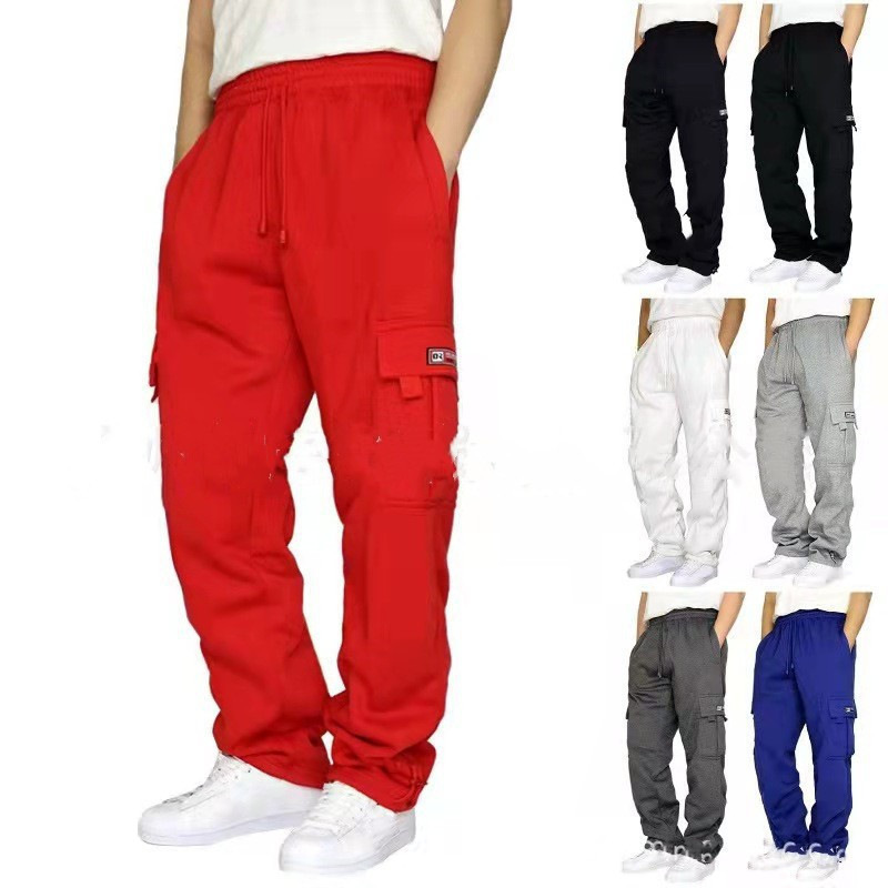 New Cross-Border Foreign Trade Men's Sports Multi-Pocket Cargo Pants with Fleece Lining, Drawstring, Loose Fit, Casual Straight-Leg Style