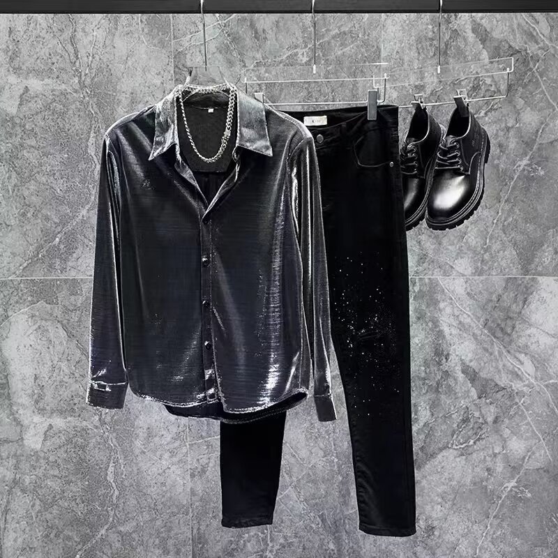 Men's Street Long-Sleeved Shirt 2024 Spring and Autum New Loose Shirt Jacket Handsome Shiny Outer Shirt for Men