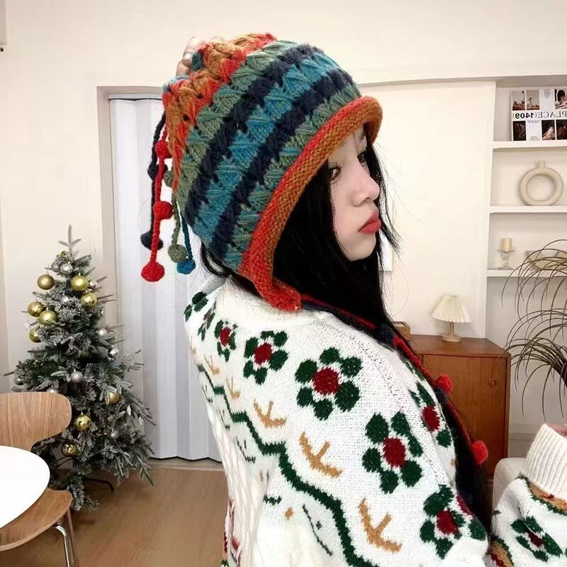 毛线帽子女秋冬季护耳套头多巴胺彩虹手工钩针彩色球针织帽显脸小|undefined