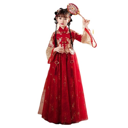 Girls red hanfu children fairy cosplay dress tang suit Chinese ancient super fairy dress costume long sleeve style chinese princess dress tang suit for kids