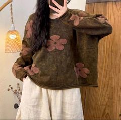 2025 秋季新款 复古风洋气 休闲百搭圆领做旧炒色花朵针织衫 毛衣