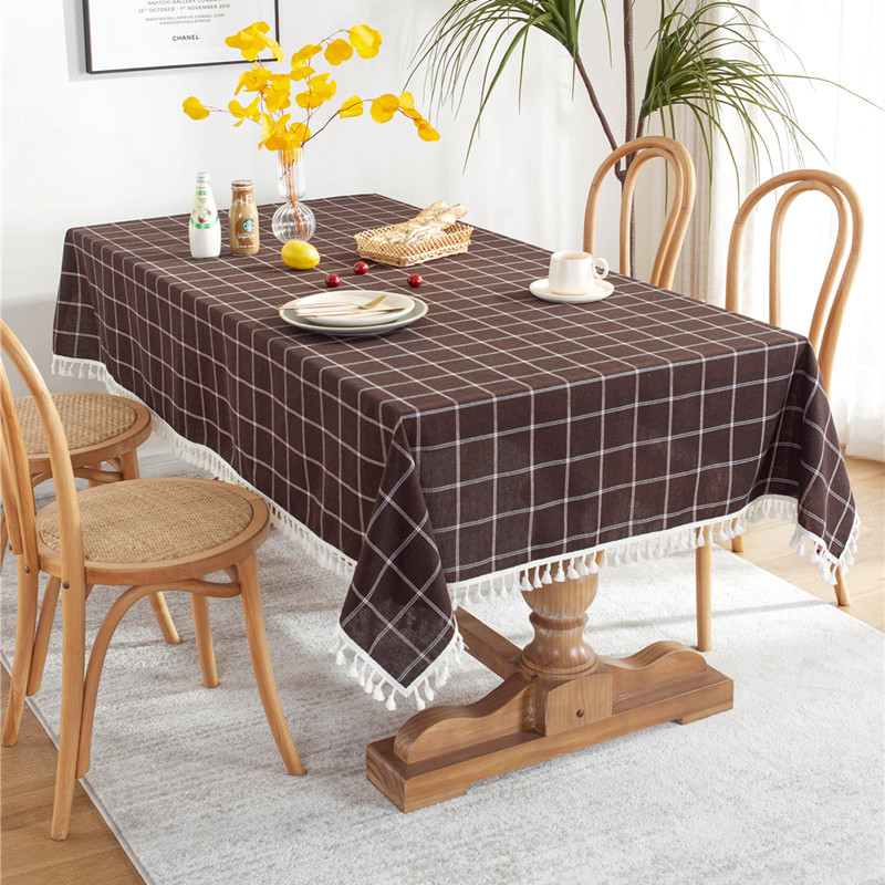 Cafe Double-line Plaid Cotton-polyester-linen Tassel Geometric Rectangular Dining And Coffee Table Tablecloth, Available_voghion.com