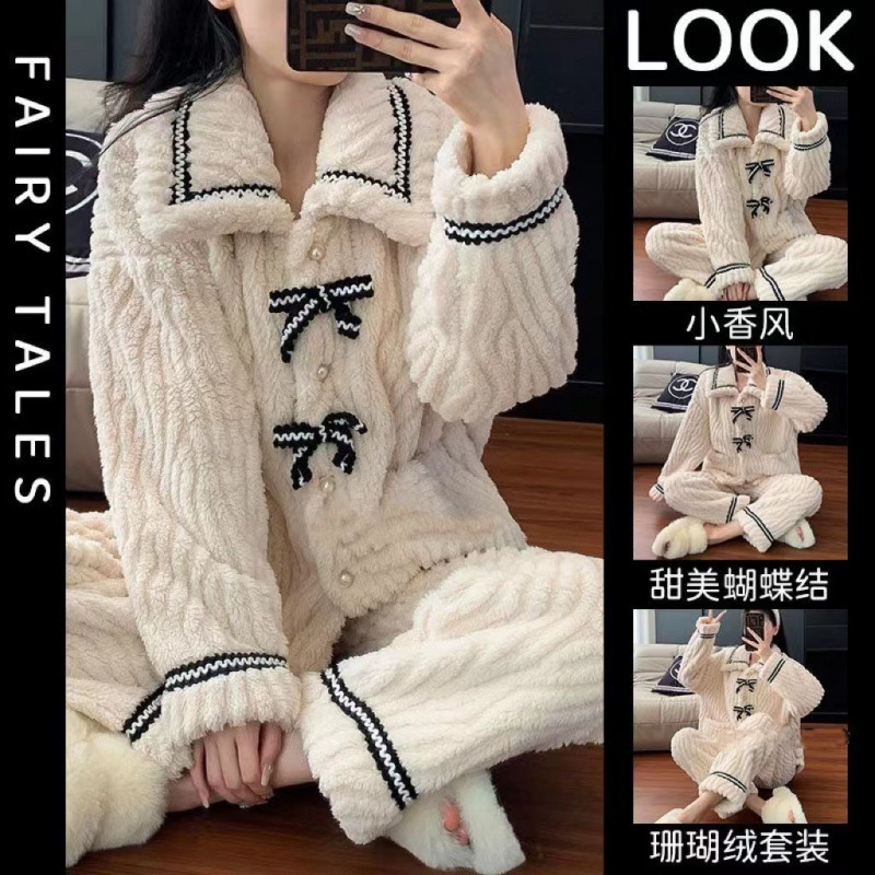 Pajamas for Women in Autumn and Winter New Style Thickeneded and Velvet Sweet Princess Style Flannel Home Clothes Coral Velvet Thermal Clothing Set