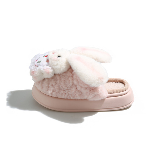Cute Cartoon Strawberry Rabbit Plush Slippers for Women - 2025 New Arrival Korean Style Home Warming Fleece Thick Sole Cotton Slippers