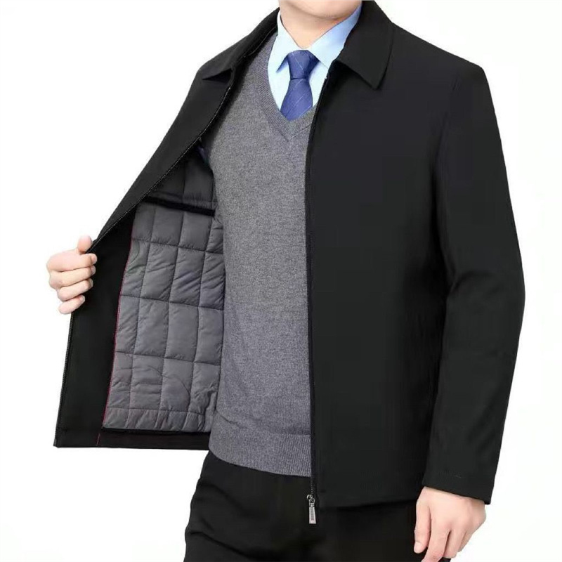 지퍼 스타일 [핫 세일] 라펠 재킷 - 블랙 - 면 및 두꺼운