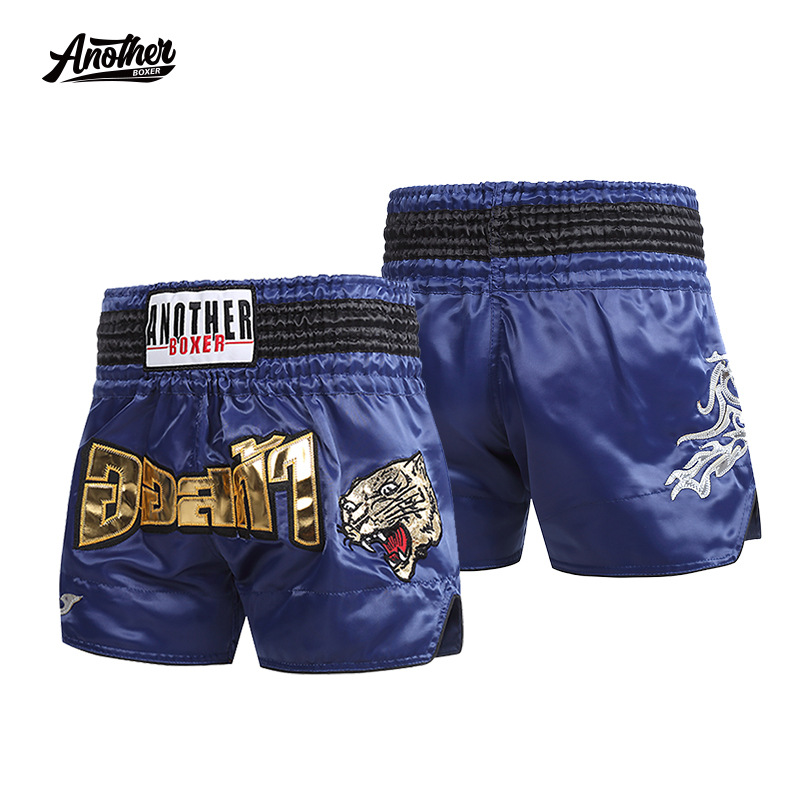Anotherboxer Navy Blue Muay Thai Shorts with Leopard Head Embroidery, Boxing Shorts for Men, Women, and Children