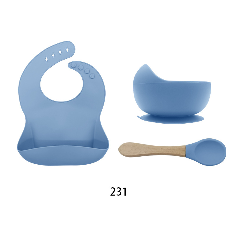 231 블루 3 피스 세트 288g (턱받이 그릇 나무 손잡이 숟가락)