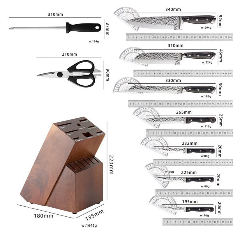 Cuchillo de cocina transfronterizo martillo forjado cuchillo de cocina cuchillo de madera cuchillo de cabeza de acero 15 piezas cuchillo de cocina cuchillo de corte de carne