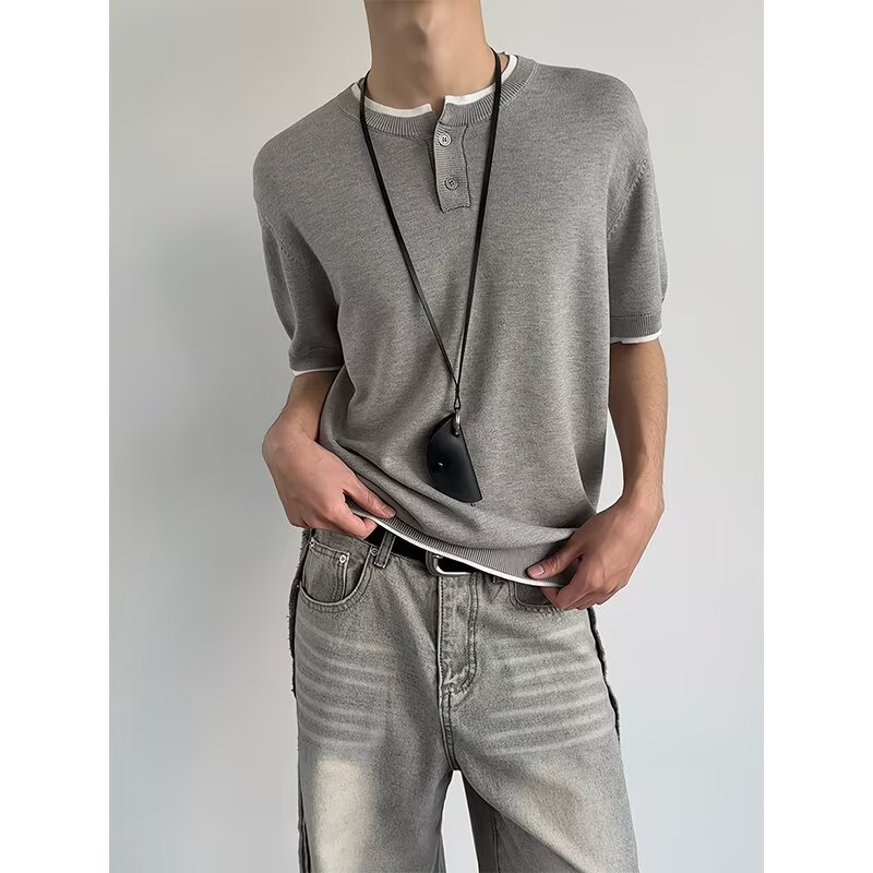 Camisas de punto de estilo antiguo camiseta de manga corta de hombre de color falso dos piezas de collar Henry seda de hielo de verano fábrica transfronteriza mayorista