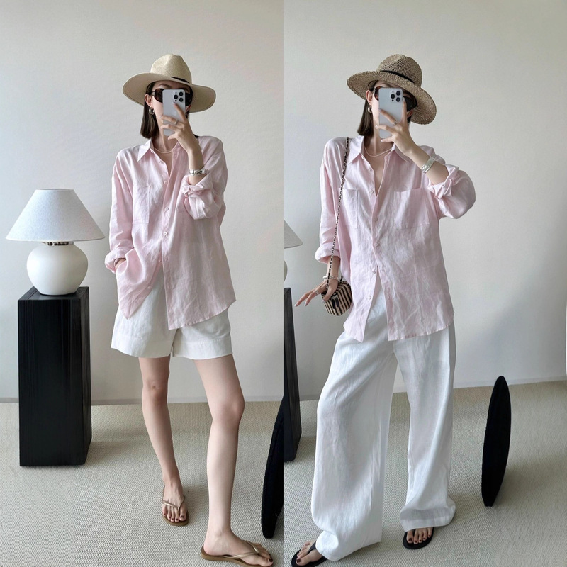 High-End Cotton and Linen Long-Sleeved Light Pink Shirt Women's Top Jacket Loose Elegant Cotton and Linen Shirt