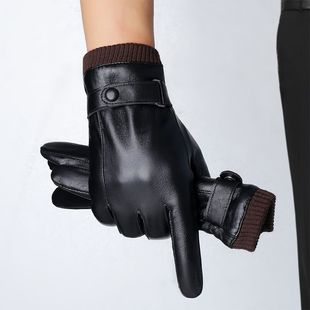Thermal leather gloves men's winter windproof fleece-lined thickened women's electric car touch screen driving cold-proof