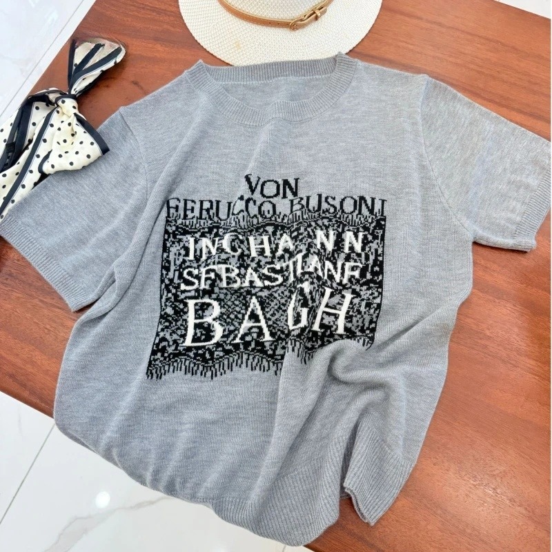 [Ultra-Thin Mulberry Silk] Letter Jacquard Knitted Short-Sleeved Spring and Summer New Women's Age-Reducing Slimming Sweater