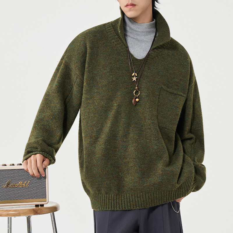 Minimalistische herentrui in Koreaanse stijl – effen gebreide trui met losse revers (zwart/marineblauw/groen/grijs/crème, M-3XL)_voghion.com