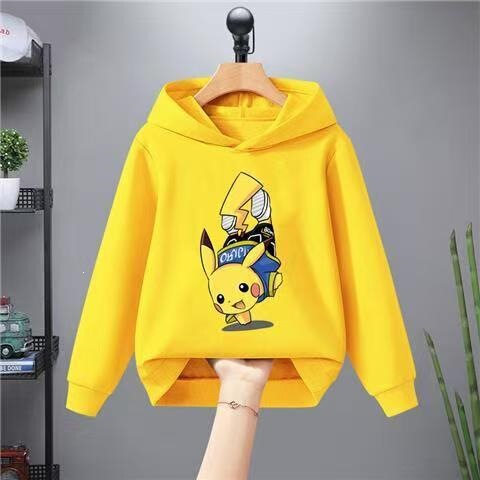 Boys 'casual yellow hooded hooded hoodie children boys' autumn and winter trend middle and older children's fried street Pikachu hooded top