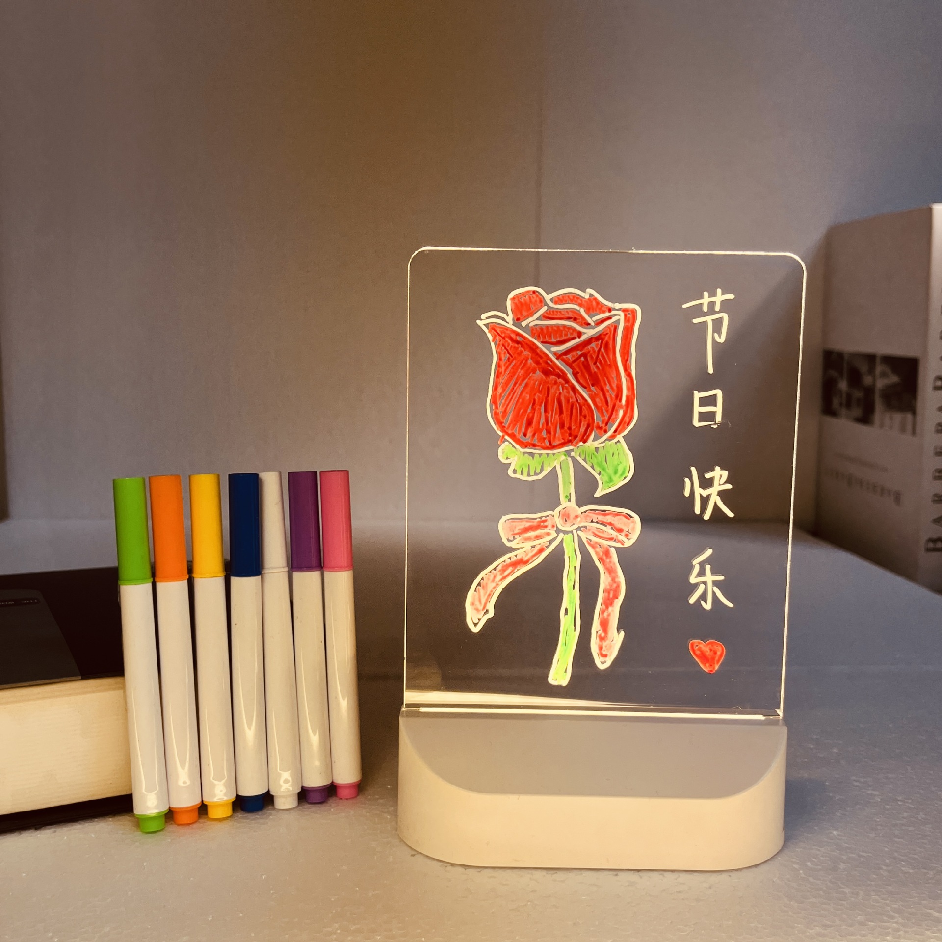 跨境儿童益智DIY手绘画板灯可擦桌面LED发光留言板儿童画板小夜灯