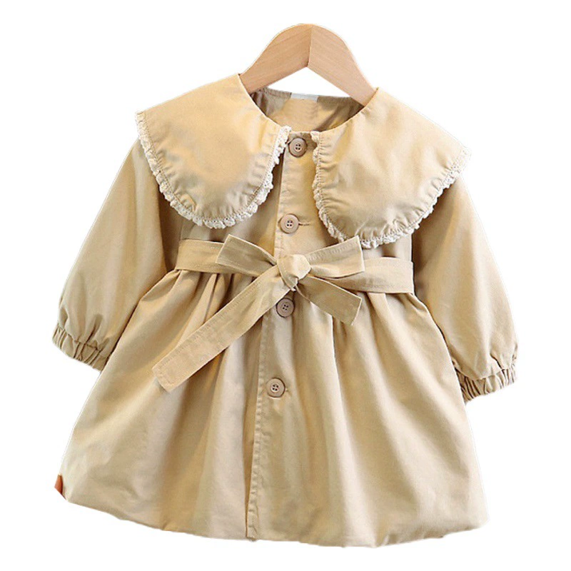 Верхняя одежда для девочек, осень 2024, ветровка средней длины с кружевной отделкой и воротником для маленьких девочек 77100