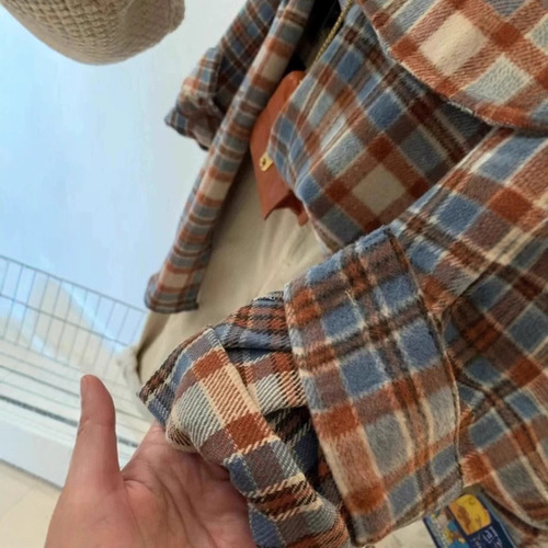 Large women's American retro color-blocking brushed checkered shirt, women's layering cardigan, spring and autumn top