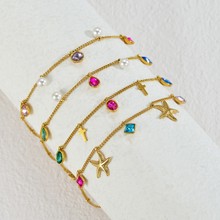 波西米亚风小众不锈钢彩色锆石十字架脚链 18K金个性百搭饰品批发