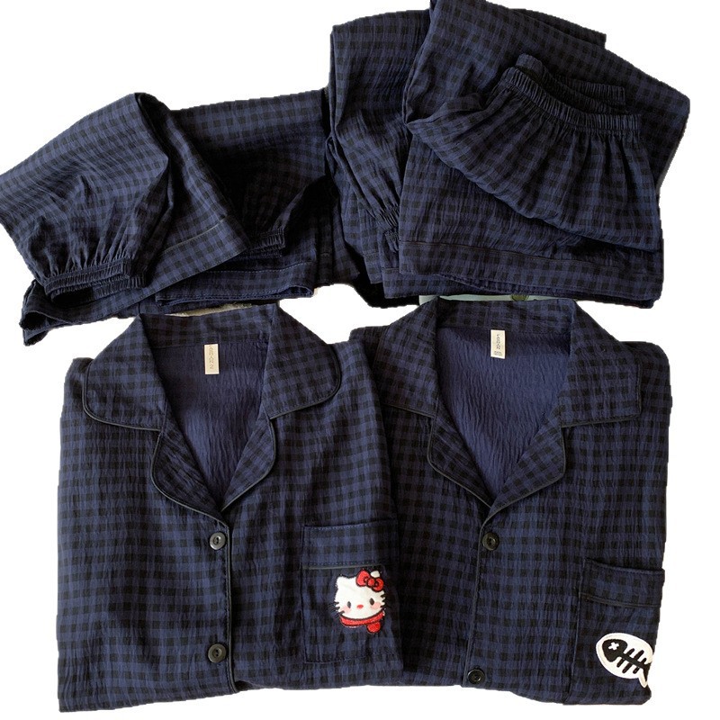 Japonés helloKitty nube de algodón puro pijamas de pareja verano de manga corta para mujer servicio a domicilio de tres piezas para hombre