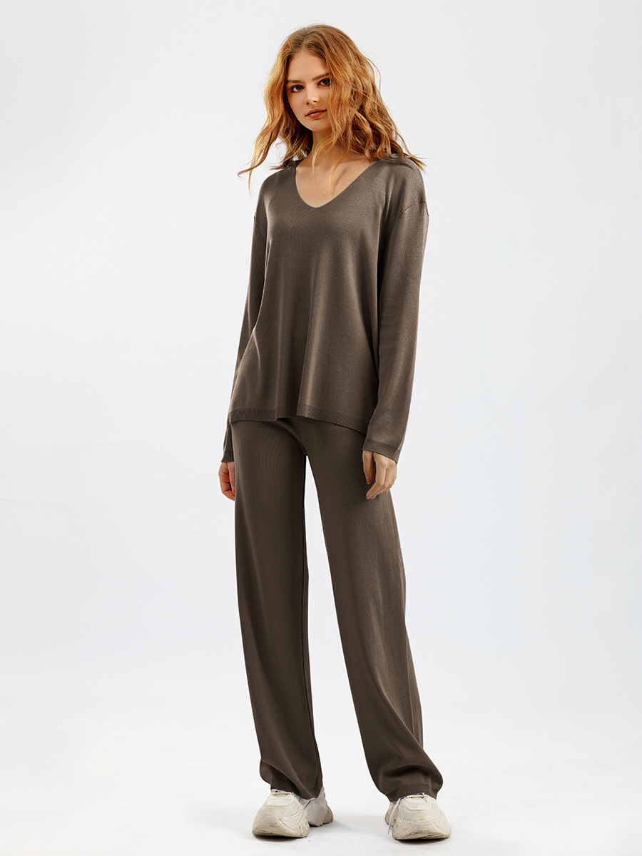 Solid Color V neck Ice Silk Suit Spring Autumn Loose High Waist Casual Two Piece Sweater