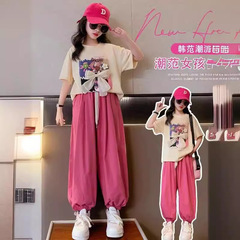 女童套裝夏2024新款中大童女孩洋氣童裝網紅短袖T恤休閒褲兩件套