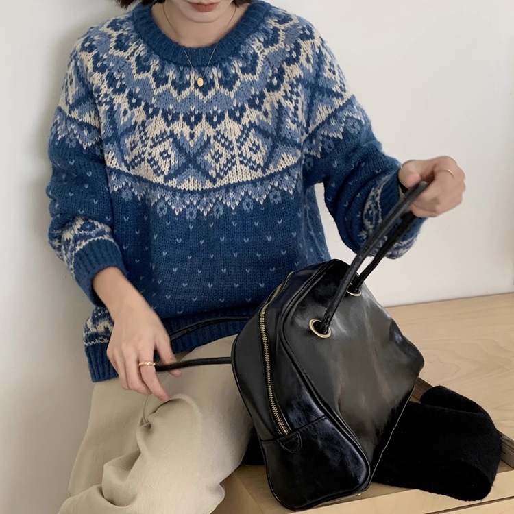 复古费尔岛提花毛衣女秋冬氛围感针织衫套头毛衣春秋季慵懒风加厚|undefined