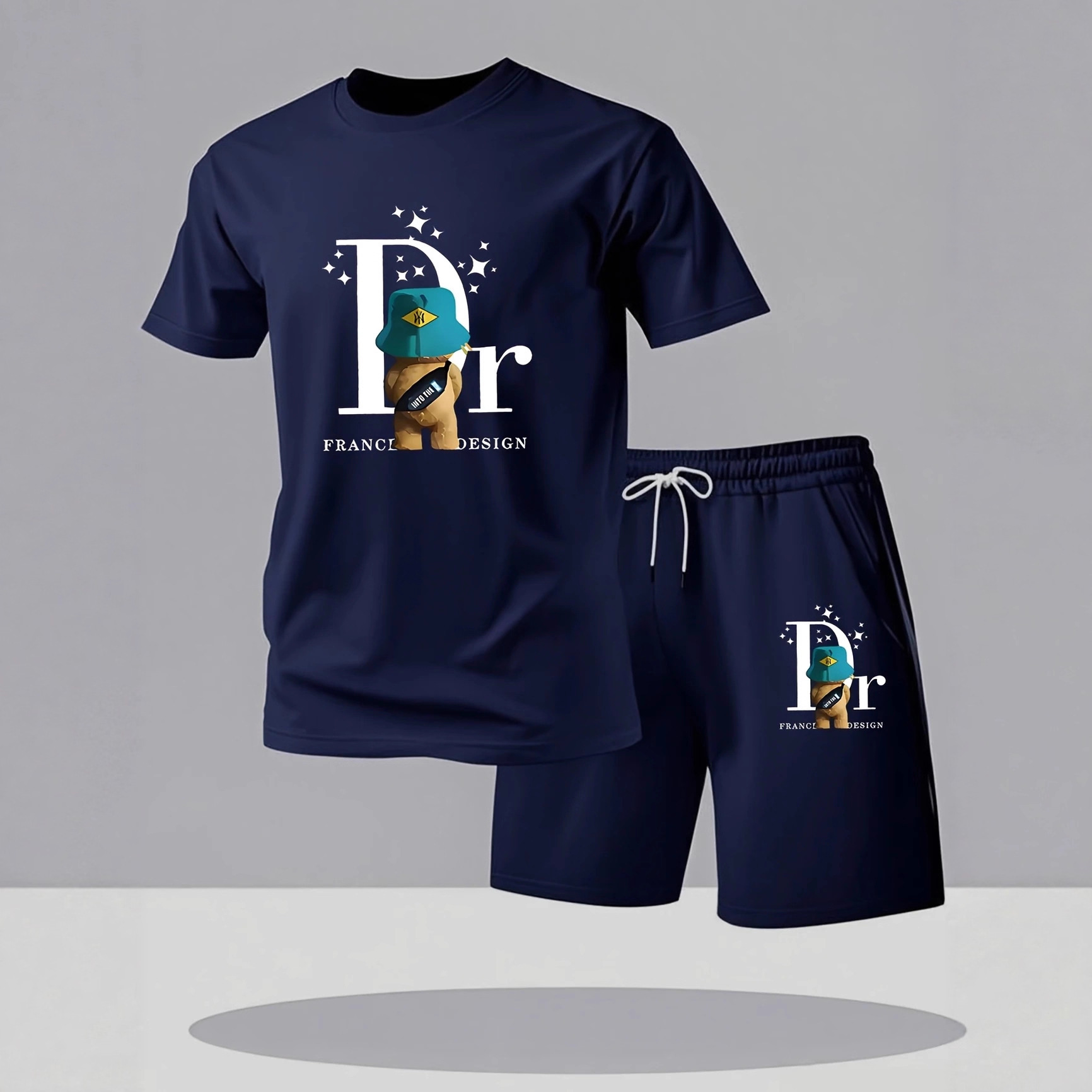 Men's Casual Fashion Set T-Shirt Short Sleeved Shirt Shorts Plant Mesh Two Piece Trendy Simple Clothing_viptrois.com