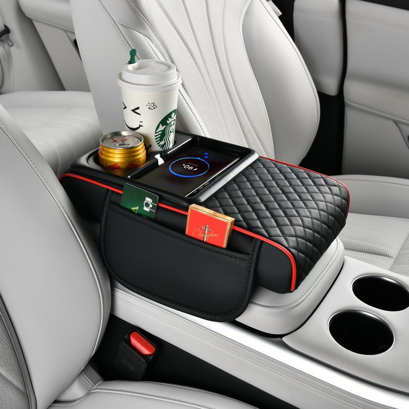New Wireless Charging Car Armrest Box Pad, Multifunctional Storage and Heightening Pad, Integrated with Mobile Phone Holder for Car Use