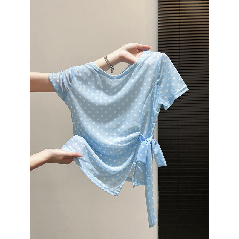 Korean-Style Blue Polka Dot Mesh Short-Sleeve T-Shirt, Summer Thin Style, Waist-Cinching, Slimming, Unique Tie Design, Double-Layer Top